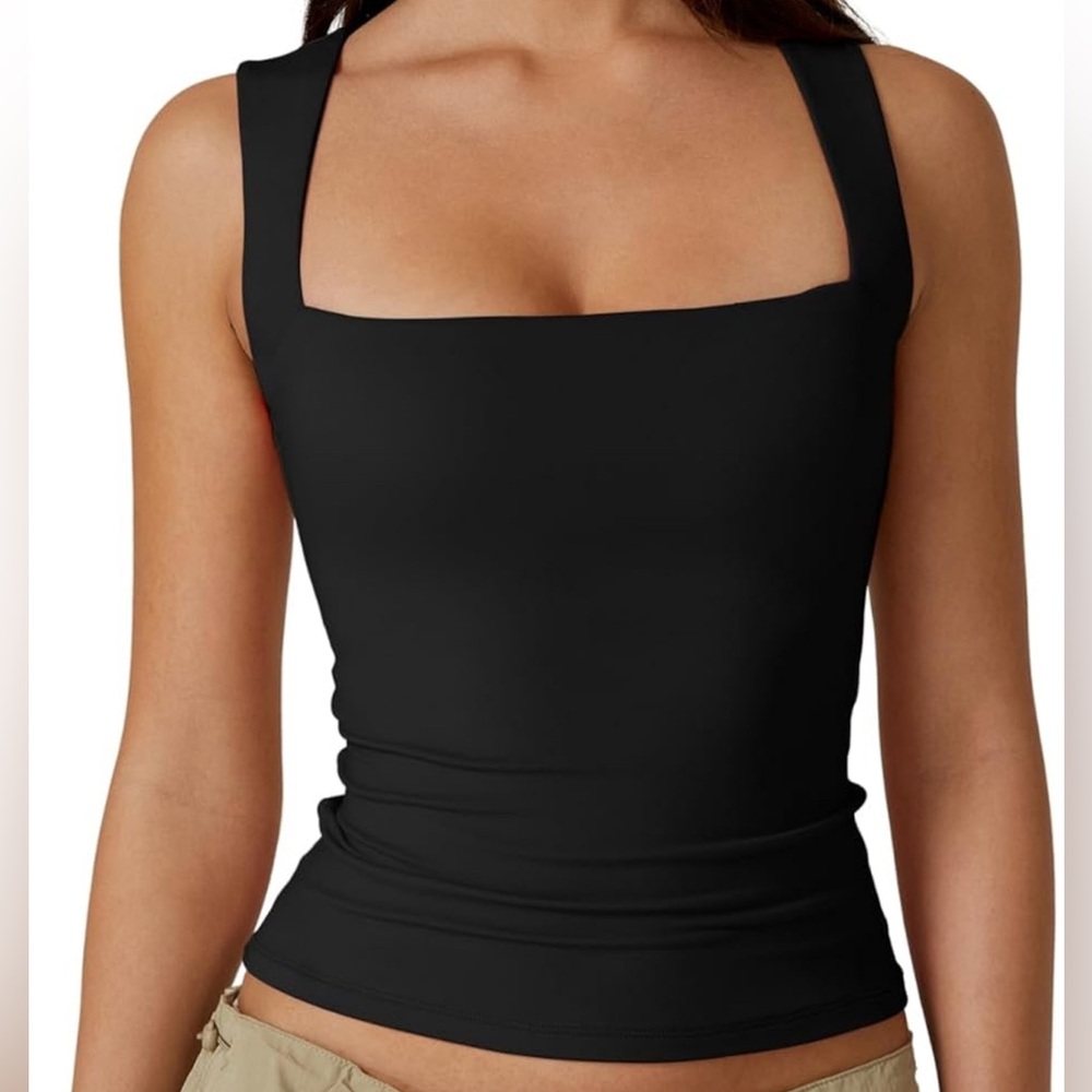 QINSEN Women's Square Neck Sleeveless Double-Layer Tank Tops